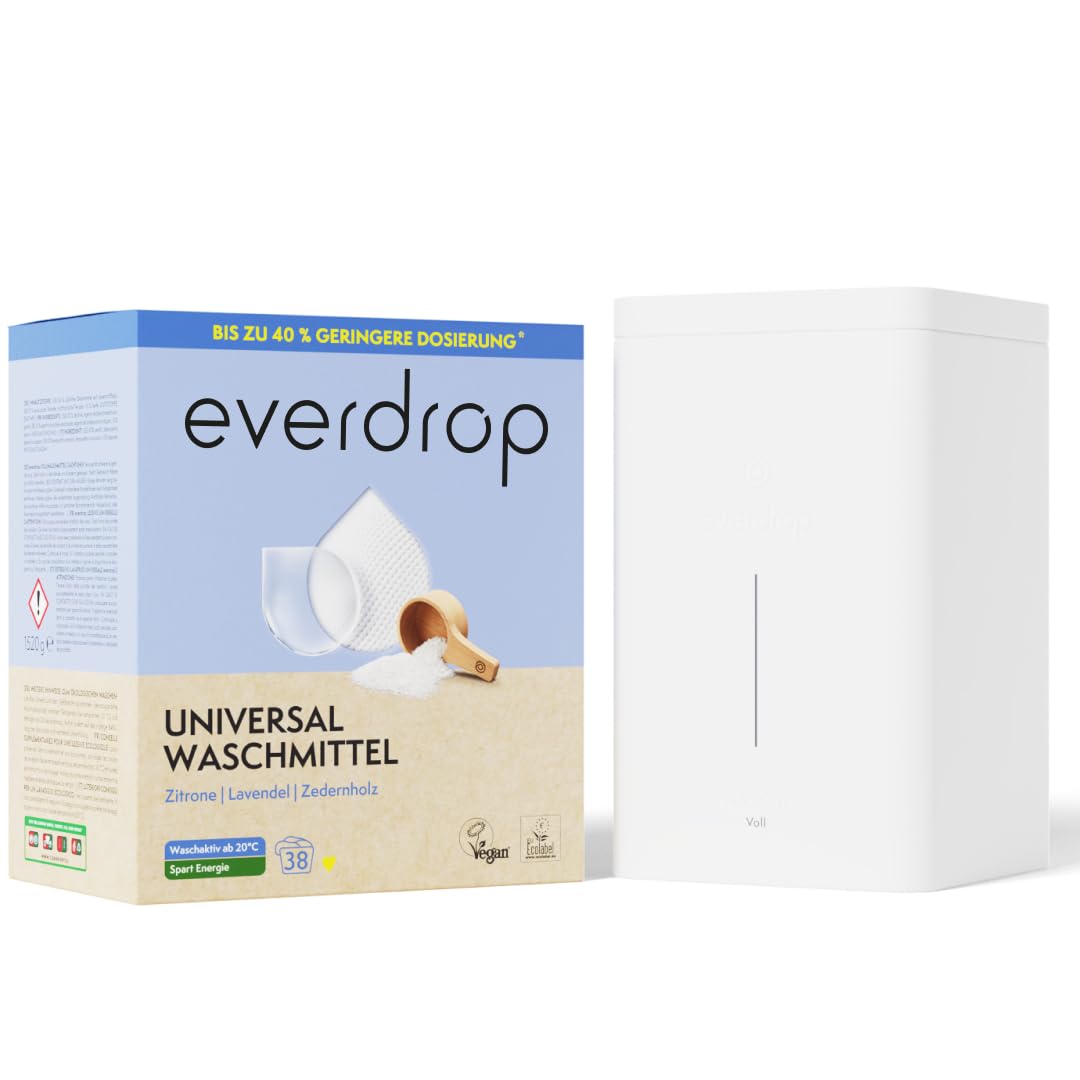 everdrop Vollwaschmittel Starter Set (38 Waschladungen + hochwertige Aufbewahrungsbox) - Strahlendes Weiß für saubere Wäsche (EU Ecolabel zertifiziert)