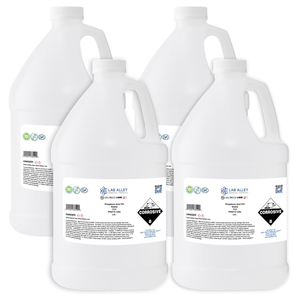 Lab Alley Phosphoric Acid 75%, Food Grade (FCC), Kosher Certified, Halal, GMO-Free - 4 Gallons (Pack of 4 x 1 Gallon Bottles)