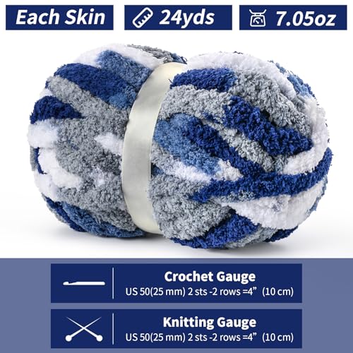 Image of 10 Pack Jumbo Chunky Yarn for Hand Knitting, Fluffy Chunky Chenille Yarn for Crocheting, Variegated Chunky Knit Baby Blanket Yarn, 240 yds /70.5 oz Super Bulky Yarn（Blue-White）