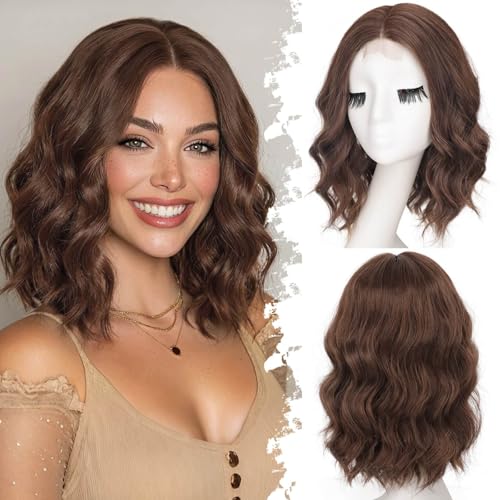Image of Eawwii Wigs for Women Chestnut Brown,Short Wavy Synthetic Lace Wig | Glueless 4x1 Lace Hairline, Heat-Resistant Fiber,Bob Wave Style,Natural Appearance for Everyday Cosplay 14 Inch