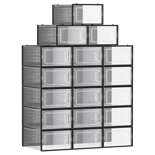 SONGMICS Boîtes à Chaussures, Lot de 18, Rangement Chaussures, Pliable, pour Pointure jusqu’à 44, Transparent et Noir LSP18SBKV1
