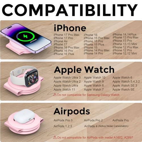Image of Hicober 3 in 1 Wireless Charging Station for Apple Watch and iPhone Air 17 16 15 14 13 12 Pro Max /Plus, Magnetic Foldable Wireless Travel Charger Station Stand for Airpods iWatch All Series Pink