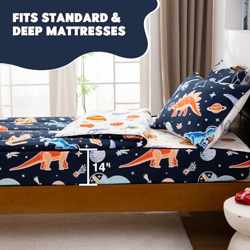 Image of Meeting Story Zipper Bedding Full Dinosaur Zip Up Bedding Set for Boys and Kids, 3 Pcs Comforter Bed in a Bag with Fitted Sheet and 2 Pcs Pillowcases(Navy,Full)