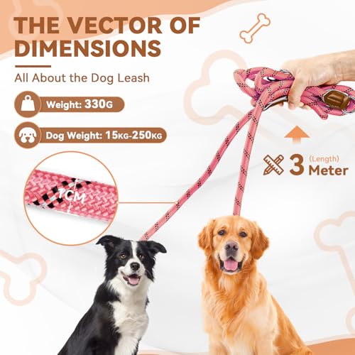 PETCOOZ Hundeleine 3 M Verstellbare Schleppleine für Mittel- & Großhunde(15-60kg), Reflektierende Freihandleine mit 2 Karabiner, Doppelleine aus Robustem Nylon, 200 kg Extreme Kraft