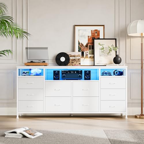 63.3 Inch Dresser for Bedroom, 10 Drawer Dresser Tv Stand for 65 70 75 Inch Tv, Fabric Chest of Drawers with Led Lights & Power Outlets, Long Entertainment Center for Closet, Living Room (White PU)