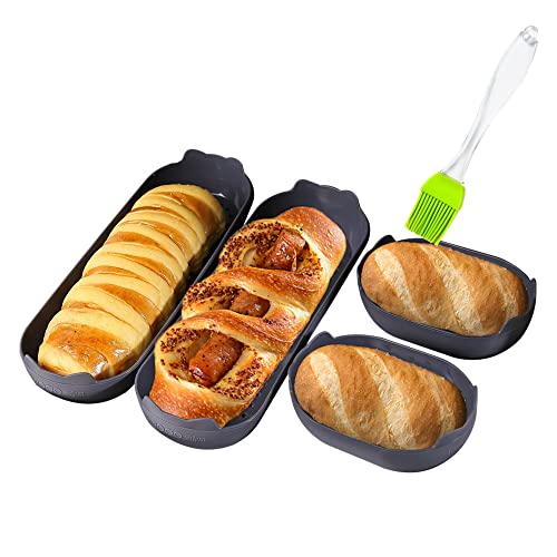 KeepingcooX Hot Dog, Baguette Silicone Baking Moulds Set, Long French Loaf and Small Hamburger, Breadstick, Bread Rolls, Non-stick Perforated, 4 Pcs, plus Heat-Resistant Brush
