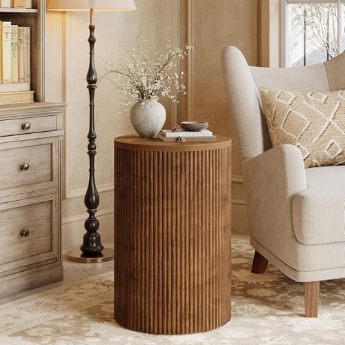 Solid Wood Round Side Table with Storage, No-Assembly Fluted End Table with 4 Wheels, Wooden Nightstand for Small Spaces, Living Room, Bedroom (Fully Assembled) - Image 4