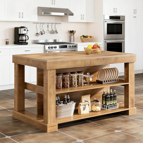 Image of Tribesigns Kitchen Island with Storage, 55-Inch Farmhouse Stationary Island Table with Large Countertop, 3-Tier Wooden Coffee Bar Table for Kitchen, Dining Room, Rustic Brown