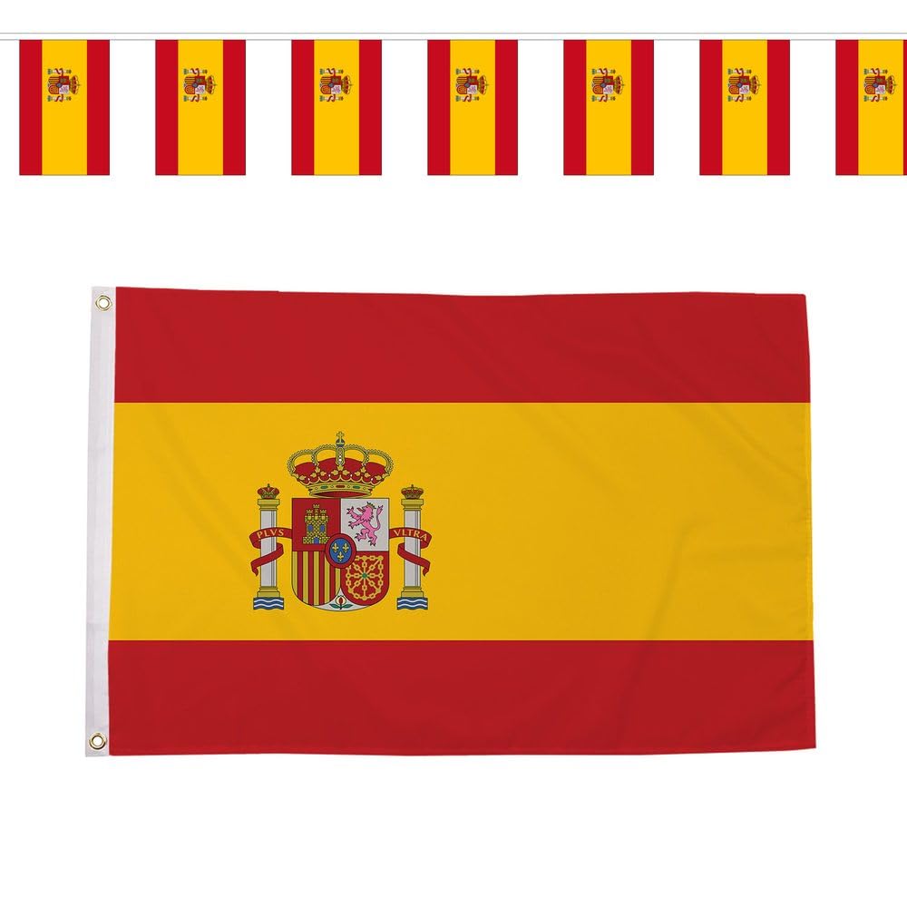 Flagtex Spain La Roja World Cup 2026 Large Team Bundle Includes 8ft x 5ft Premium Polyester Flag and 9m Rectangle Bunting Football Fan Pack Indoor Outdoor Decoration