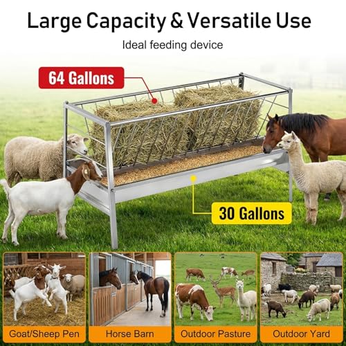 Goat Hay Feeder, 94-Gallon Capacity|8.0\'\' Deeper Feeding Pan, 3 in 1 Grain|Water|Hay Feeder, Stainless Steel Goat Feeder, 59\" Long Livestock Hay Rack for Goats, Sheep, Cow, Horse