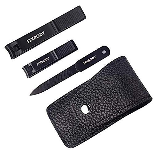FIXBODY Manicure Pedicure Set - Black Stainless Steel Kit - Nail Clippers Toenail Clippers Includes Cuticle Remover with Black Leather Travel Case Beauty Care Tools, Set of 15