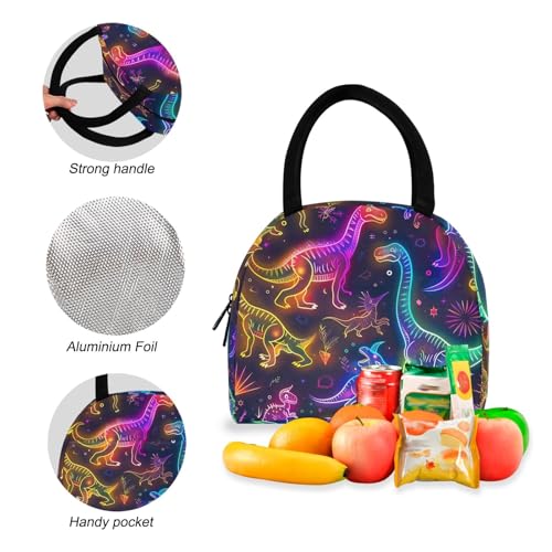School Backpacks Cooler Bags Insulated Water Proof, Book Bags with Lunch Box, Cute Dinosaur Neon4