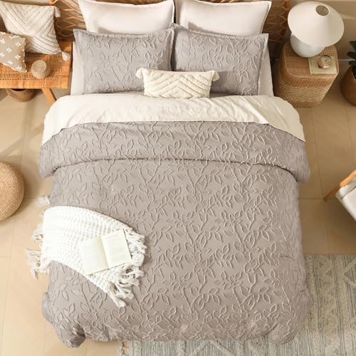 Image of Litanika Queen Size Comforter Set Light Coffee, 3 Piece Cream Boho Tufted Bedding, Fluffy Farmhouse Bed Set for All Season with 2 Leaf Pattern Pillowcases(90x90In)