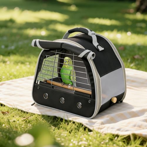Image of Bird Travel Carrier Cage, with Stainless Steel Metal Window and Wood Perch, Portable Bag for Cockatiel Parakeet Conure Green Cheek Budgie (Black, Steel Window)