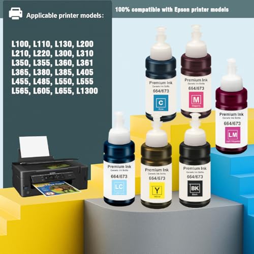 Image of KOSH T673 Refill Ink Compatible for Use in Epson L801, L805, L1800, L800, L810, L850, L1300, L605 Ink Tank Printers - 70 ML Each Bottle (6, Black Cyan Magenta Yellow Light Cyan Light Magenta)