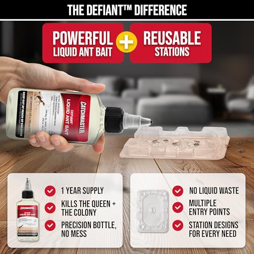 Catchmaster DEFIANT Premium Liquid Ant Killer, 1-Year Supply, Kills the Queen and Colony, No Mess Precision Bottle, Reusable Ant Traps Indoor & Outdoor, Pest Control Traps, Made in USA