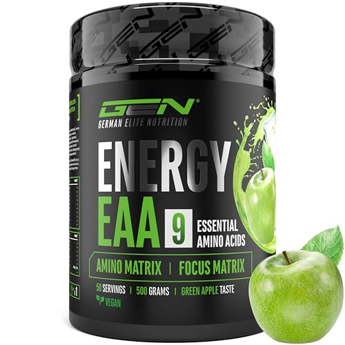 EAA Energy Mix - 500 g - Amino Matrix + Focus Matrix - Zuckerfreie Alternative zu Energy Drinks - Mit Koffein, Taurin, Guarana, N-Acetyl-L-Tyrosin - Pre Workout Booster - Vegan (Grüner Apfel)