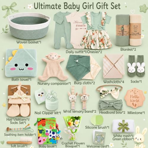 Image of Ultimate Baby Girl Gift Basket, Woodland Sage Green Newborn Essentials, Premium All-in-One Baby Shower Gifts for Expecting Moms with Floral Skirt, Swaddle, Diaper Caddy Organizer