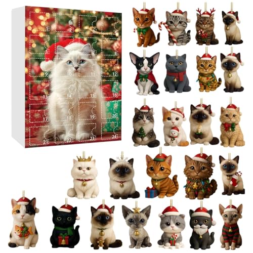猫のアドベントカレンダー2025、24日間のクリスマスカウントダウンカレンダー、ミニチュア2Dアクリル猫の置物、クリスマスツリーの装飾、猫の女性とコレクターのためのホリデーカウントダウン