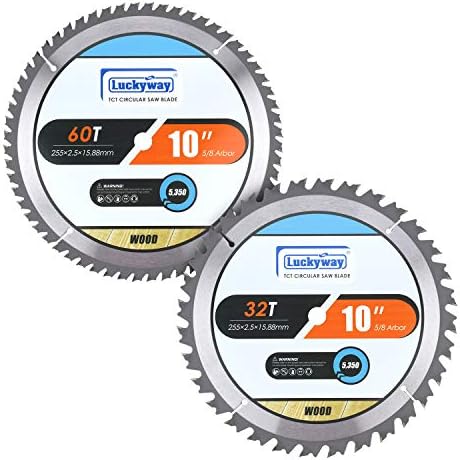 Luckyway 2-Pack 10 Inch Miter/Table Saw Blades 32T&60T with 5/8 Inch Arbor TCT Circular Saw Blade for Cutting Wood