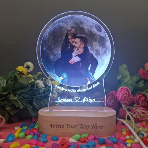 Image of Personalized UV Printed Photo 3D Illusion LED Table Lamp for Couple Gift for Anniversary, Wedding, Marriage, Valentine Day- Your Wooden Base Text Egraved, Multicolor Light- 22CM