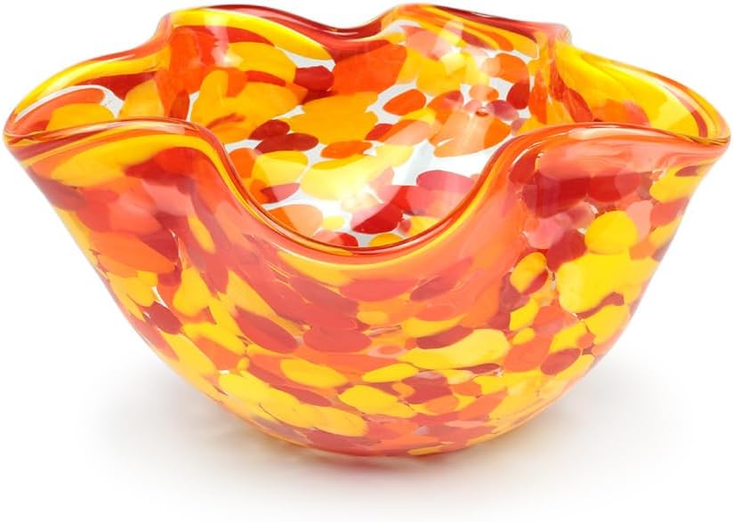 Ca D Oro Murano Style Decorative Orange Glass Bowl Confetti Effect Hand Blown Art Glass Crystal for Home, Room Decoration and Centerpiece - Waved