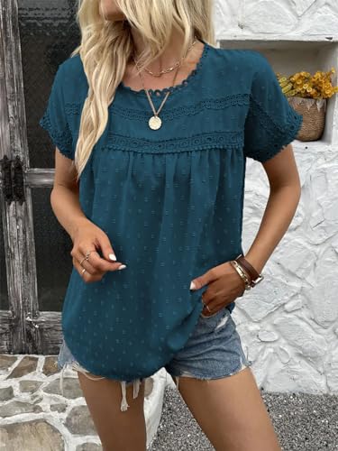 Poetsky Womens Summer Short Sleeve Lace Crochet Blouses Flowy Babydoll Dressy Casual Work Tops2