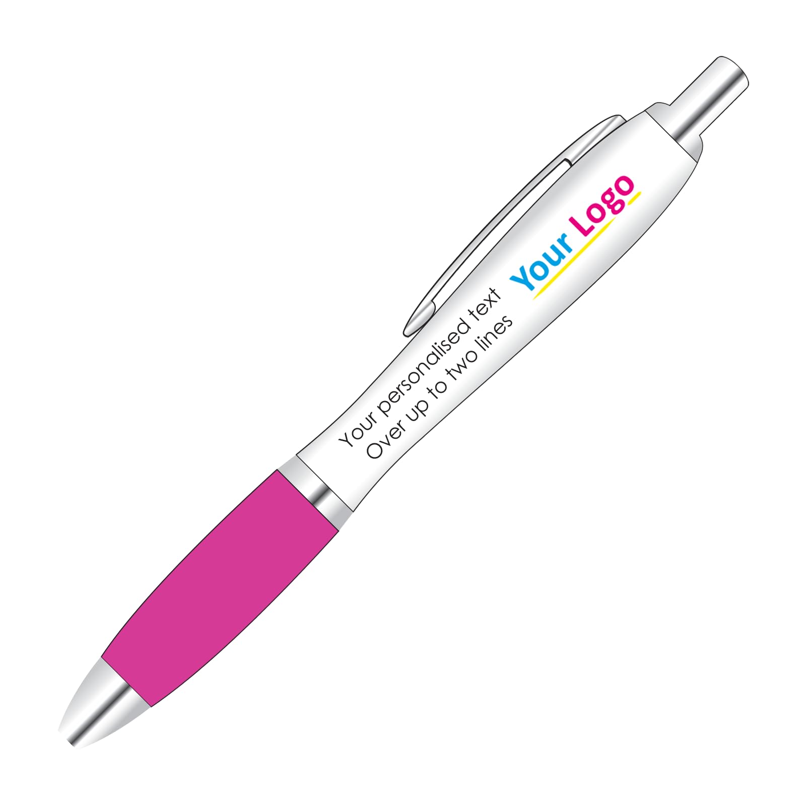 Full Colour Printed Logo Pens x 20 With Personalised Text Options for Custom Promotion With Pink Colour Grip.