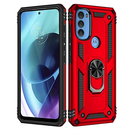 BestST Funda para Motorola Moto G71 5G + HD Protectores de Pantalla,con Anillo Soporte 2in1 Dura PC Suave TPU Silicona Carcasa Híbrido Armadura Bumper Case Cover,Rojo