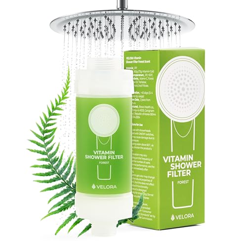 VELORA Vitamin C Shower Filter - Forest-Scented Aromatherapy Shower Water Filter and Softener - Universal Showerhead Bathroom Attachment - Replenish Dry Skin, Soften and Nourish Hair