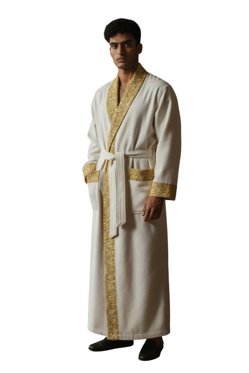 Men Woolen Nightgown Dressing Gown Sleep And Lounge Wear With Kashmiri Charming Embroidery Free Size (1, white-4)