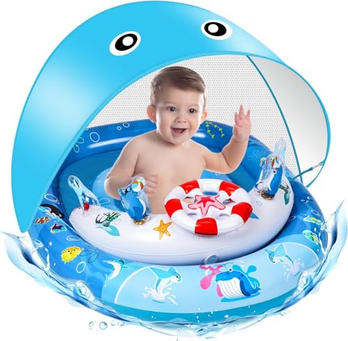 Image of Baby Pool Float with Canopy, Baby Swim Float with UPF50+ Sun Protection Canopy and Toy Play Console, Inflatable Baby Float & Swimming Float with Adjustable Safety Seat for 6-36 Months