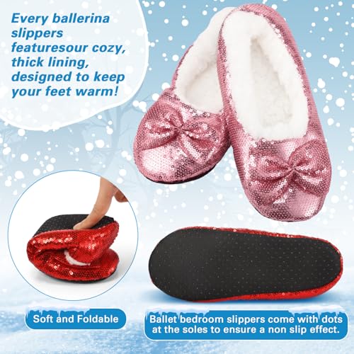 3 Pairs Women Ballerina Sequin Slippers, Glitter Christmas Winter Ruby Red Slippers Holiday Gift for Women4