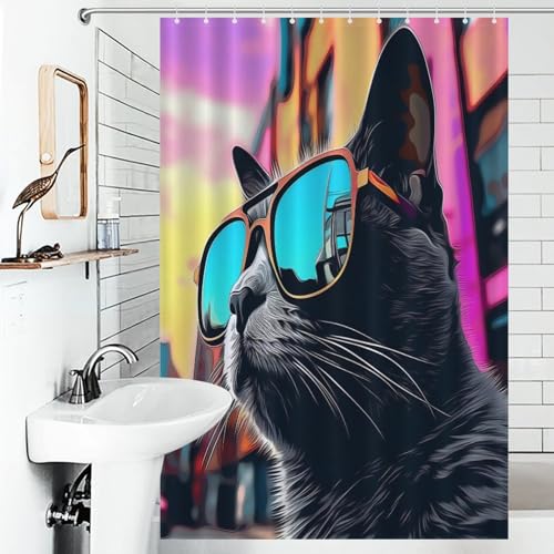 Rideau de douche chat lavable en machine avec œillets et crochets antirouille