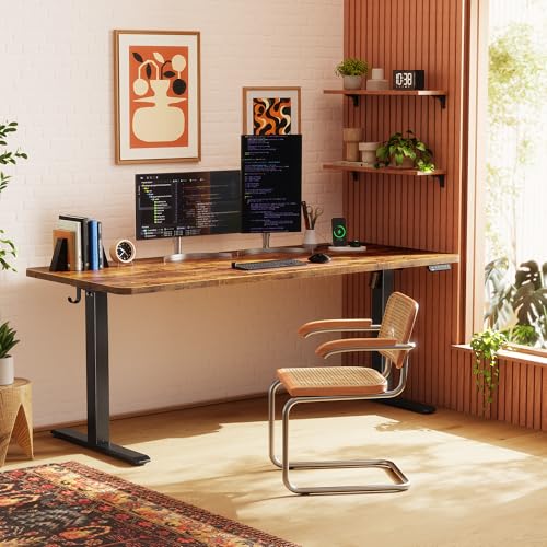 Image of Huuger 63 X 24 Inch Electric Standing Desk with Power Outlets and USB-C Port, Height Adjustable Desk, Sit Stand Desk for Home Office, Computer & Gaming Desk with 4 Presets, Rustic Brown