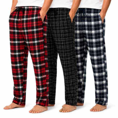 Image of Essential Elements Mens 3 Pack PJ Cotton Flannel Plaid Pajama Lounge Pants | Soft Brushed Warmth With an Elastic Waist, Classic Patterns for Cozy Sleep, Relaxing and Everyday Wear