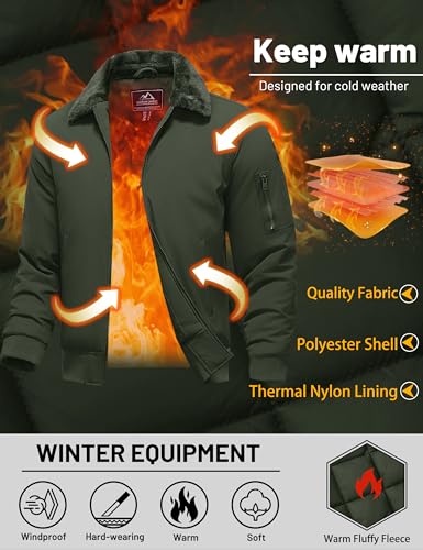 Image of TACVASEN Men's Fleece Jacket Full Zip Up Warm Bomber Jackets for Daily Wear | Winter thick jacket coat for men , fur collared bomber style with 4ple pockets for travel, outdoor walking