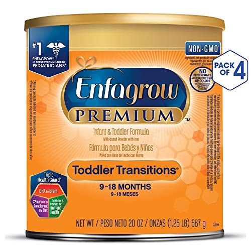 Enfagrow PREMIUM Toddler Transitions Baby Formula Milk Powder, 20 Ounce (Pack of 4), Omega 3 DHA, Iron