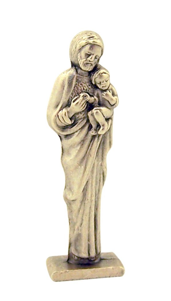 Catholic Saints Silver Tone Saint Joseph Pocket Statue with Gold Stamped Prayer Card, 1 1/2 Inch