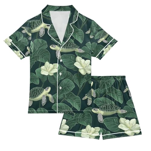 senya Turtle in The Pond Lotus Satin Summer Pajama Sets Silk Short Sleeve Button Down Sleepwear