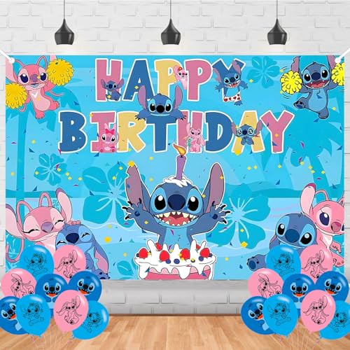 SBD Happy Birthday Backdrop Cartoon Stittch Banner Poster for Boys Girls Theme Party Decorations Stittch Birthday Supplies Background Studio Shoot Photo Props Booth