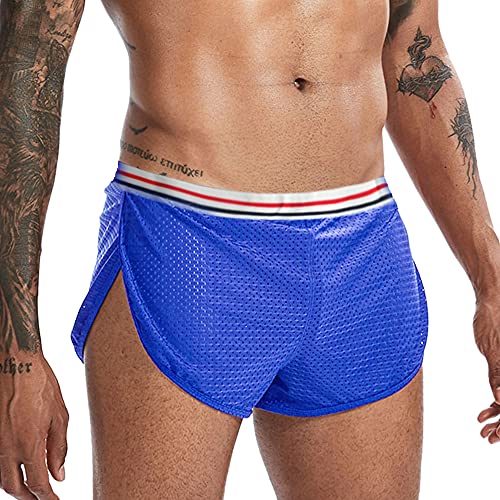 Mens Running Shorts with Large Split Sides Sexy Sports Shorts Mesh See Through Athletic Shorts Blue XL