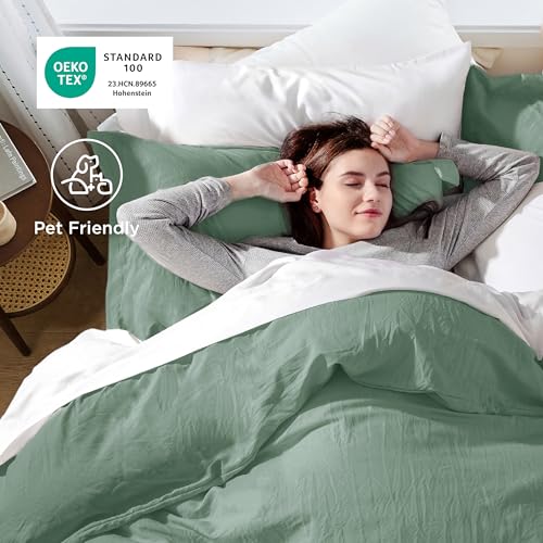 Image of Bedsure Sage Green Oversized Queen Duvet Cover - 3 Pieces Prewashed Cotton-Like Polyester Extra Soft Bedding Set, Includes 1 Duvet Cover 98x98 Inches with Zipper Closure & 2 Pillow Shams, No Comforter