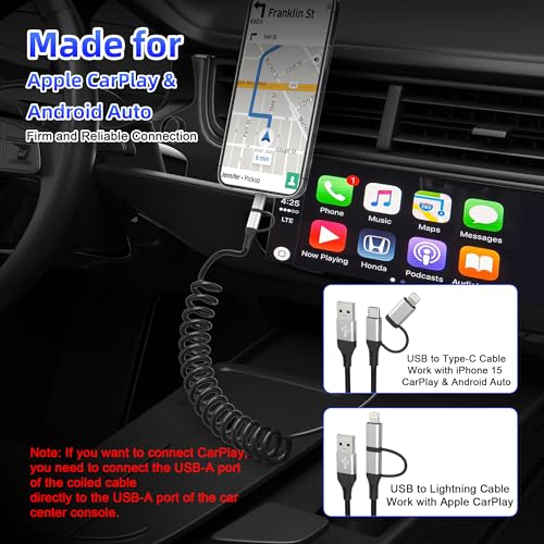 Image of USB to USB-C and Lightning Cable 2 in 1 Coiled Cable Support Carplay & Android Auto [MFi & 3A Fast Charge & Data Sync] Coiled Lightning and USB C Cable for iPhone 17 /16 /15 /14 /13 /Android, Silver