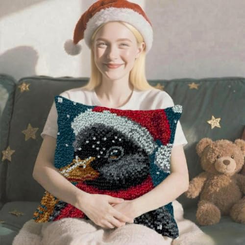 Image of Howie's Latch Hook Kits for Adults, DIY Duck Latch Hook Pillow Kit for Adults Crochet Yarn Kits, Color Preprinted Pattern Embroidery Sofa Cushion Cover (Duck with Red Nightcap, 16.93 x 16.93 inch)