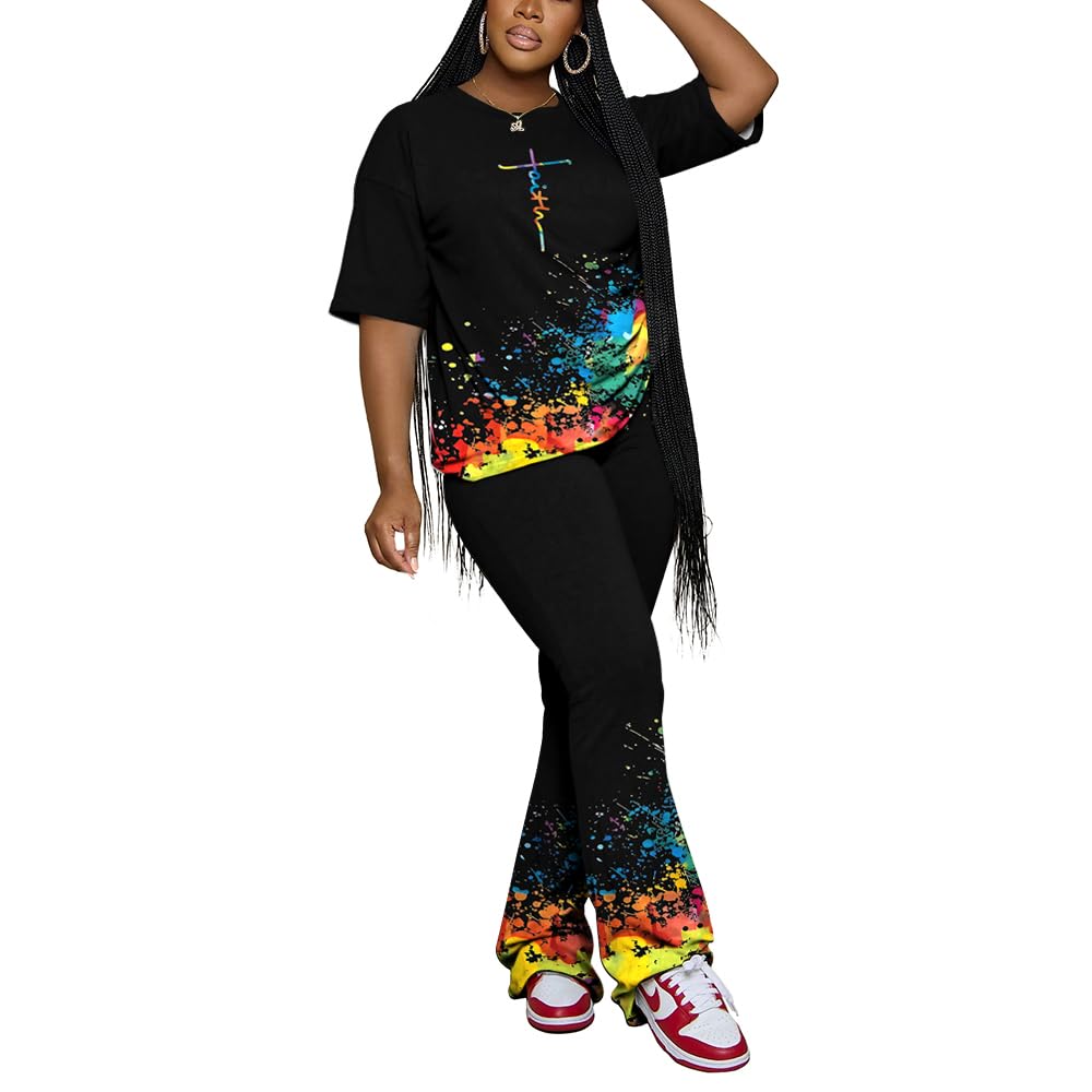 PINSV Women 2 Piece Outfits Short Sleeve Top and Flare Pants Lounge Sets Tracksuit