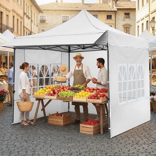 Image of Tangkula 10x10 FT Pop Up Canopy, Outdoor Tent with 3 Sidewalls & Awning, Wheeled Bag, 4 Sandbags, 8 Stake, 4 Ropes, Portable Canopy Tent for Party Picnic Event Beach Camping (White)