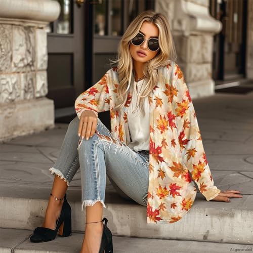 Image of Fall Maple Leaf Cardigan Sweaters for Women Long Sleeve Cardigan Soft Drape Open Front Dusters V-Neck Jackets Dressy