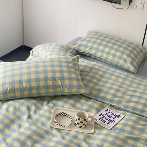Image of MKXI Reversible Blue Yellow Plaid Duvet Cover - 100% Washed Cotton 3pc Set, Vintage Checkered Comforter Cover for Coastal & Retro Decor (King)