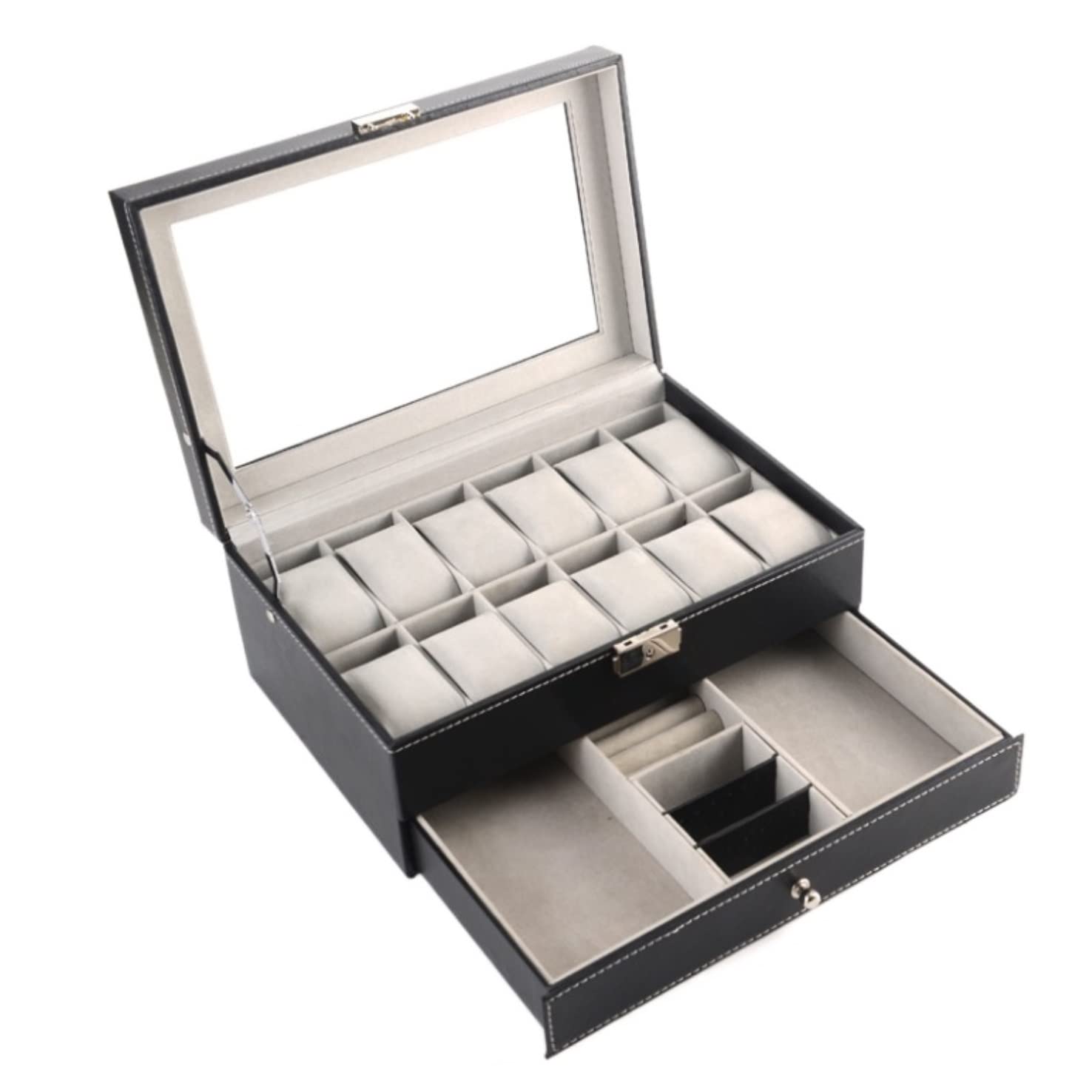 Caja Relojes Caja de Reloj Caja De Madera Para Relojes, 12 Ranuras, Doble Capa, Organizador De Exhibición De Joyas, Tapa De Cristal Con Cerradura De Metal Estuche de Relojes Caja para Relojes ( Color
